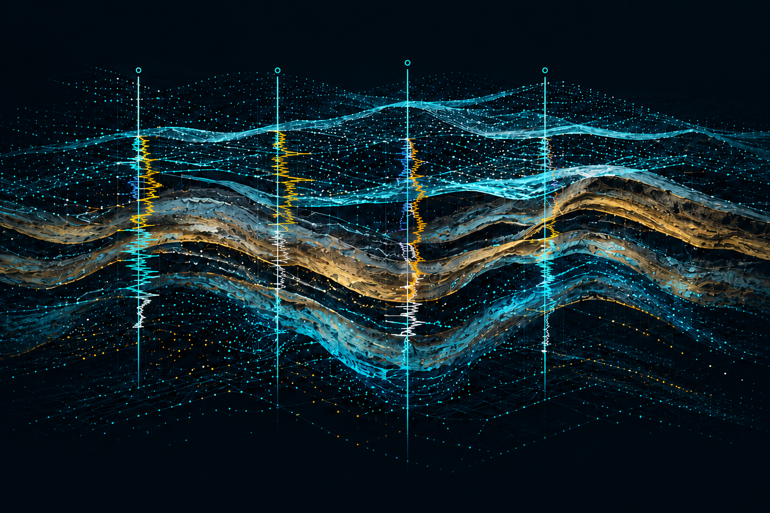 Decorative subsurface illustration with folded rock layers and well tracks